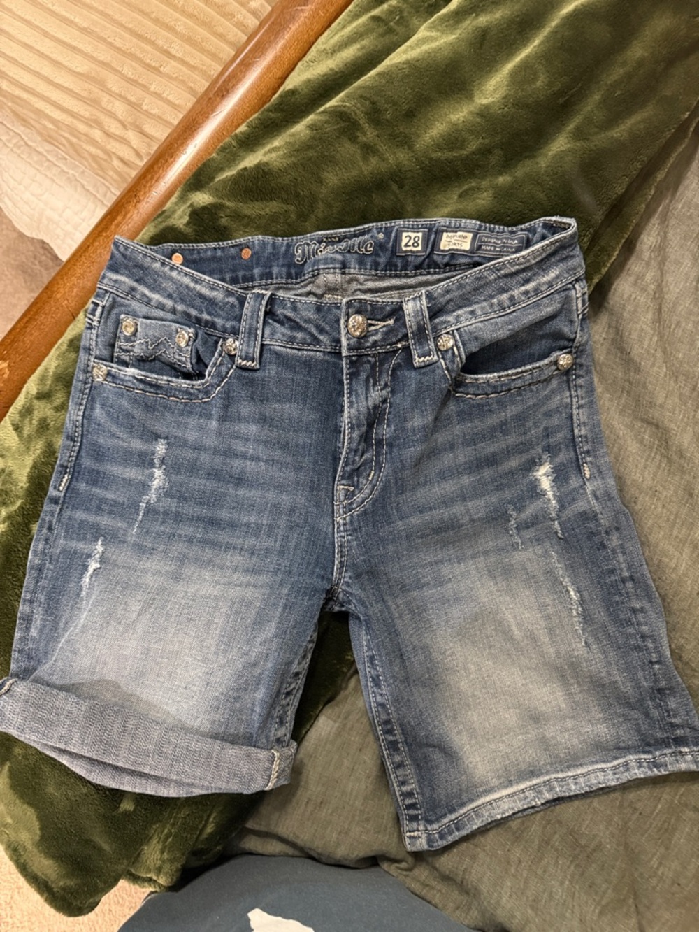 Miss Me Faded Blue Distressed Rolled Hem Denim Shorts - Picture 12 of 12